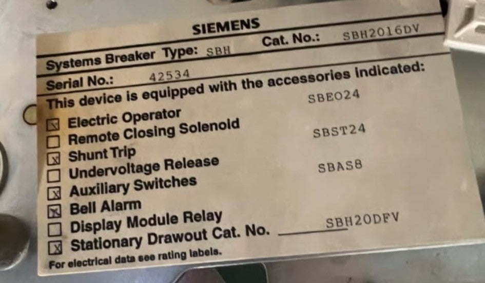 Siemens SBH2016DV 1600A Frame 3-Pole 600V LSIG Drawout Breaker – 24V Operator
